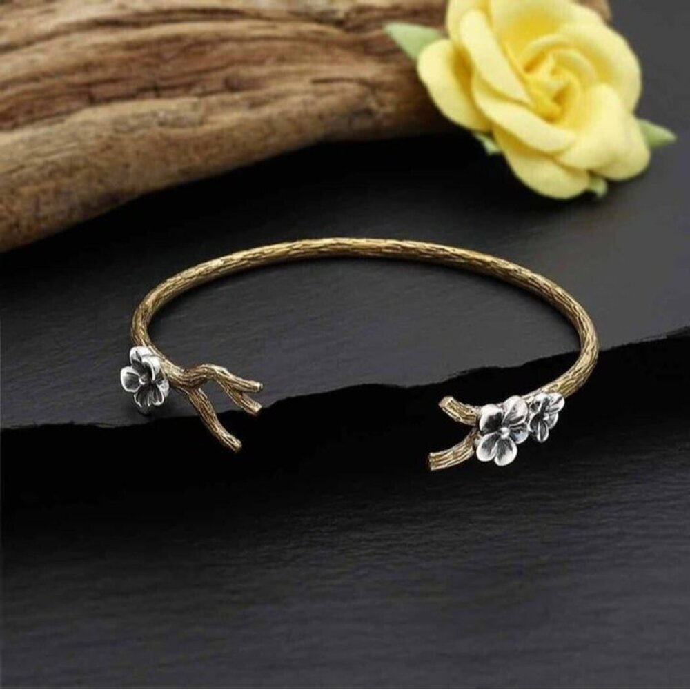 Bronze‎ Branch Bracelet with Silver Blossoms - Nature & Floral Jewelry - NEW